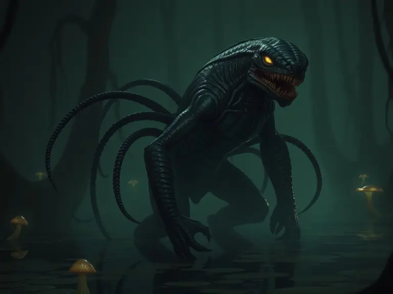 A muscular, armored creature with tentacles in a dark, swampy environment with glowing fungi.