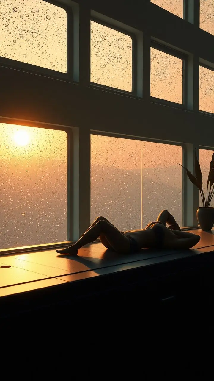 A figure side-lying in a futuristic landscape at dawn.