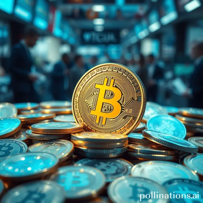 Close-up of a metallic Bitcoin coin rising from a cluster of various cryptocurrency coins, with a blurred financial market in the background.