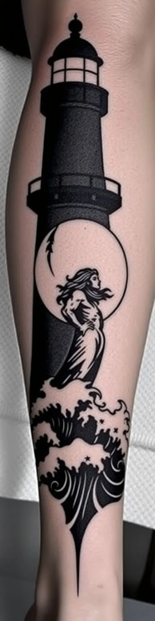 Black silhouette tattoo of a lighthouse and Poseidon statue on a calf.