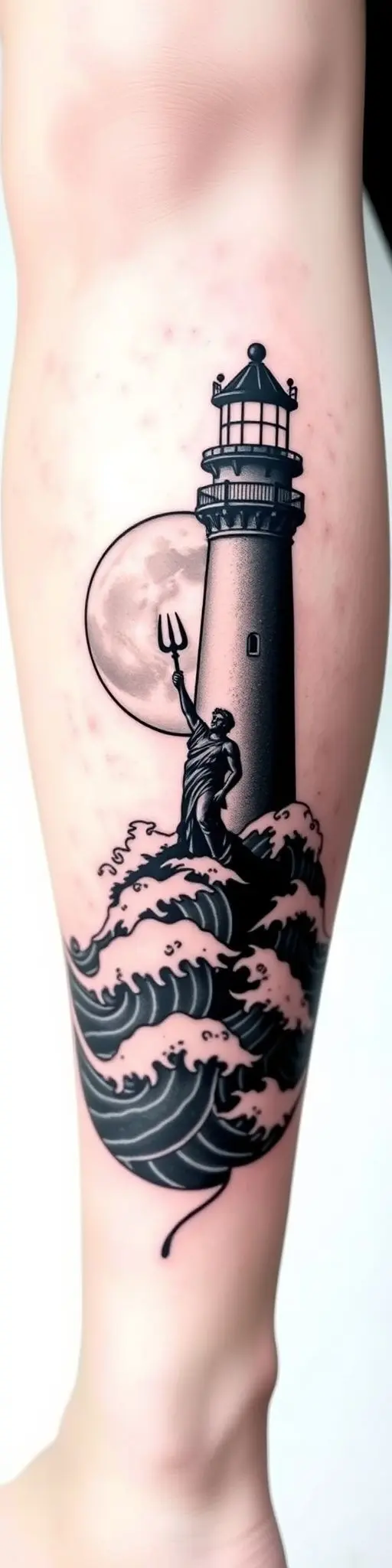 Blackout tattoo design on a calf showing a lighthouse silhouette against a moon, with Poseidon statue in the sea.