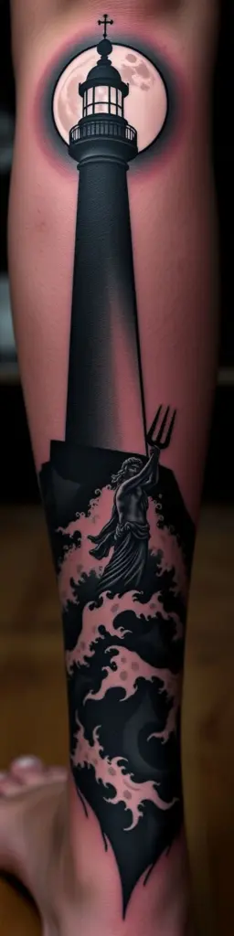 Blackout tattoo calf piece: lighthouse, moon, Poseidon statue, stormy sea.