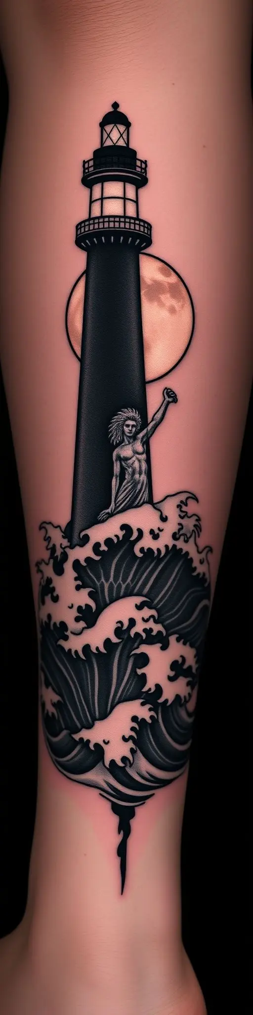 Blackout tattoo design of a lighthouse and Poseidon on a calf.