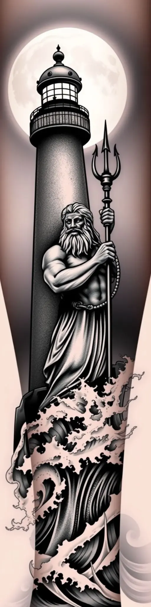 Blackout tattoo design of a lighthouse and Poseidon statue on a calf.
