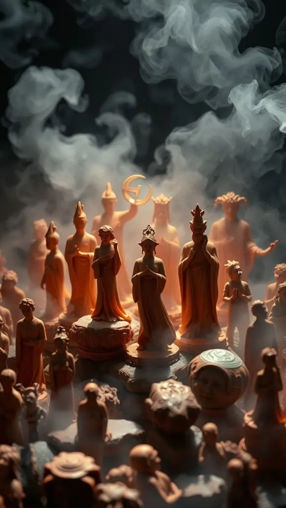 Terracotta figures in Blakean style, symbolizing energy transition amidst mist and rainbow light.