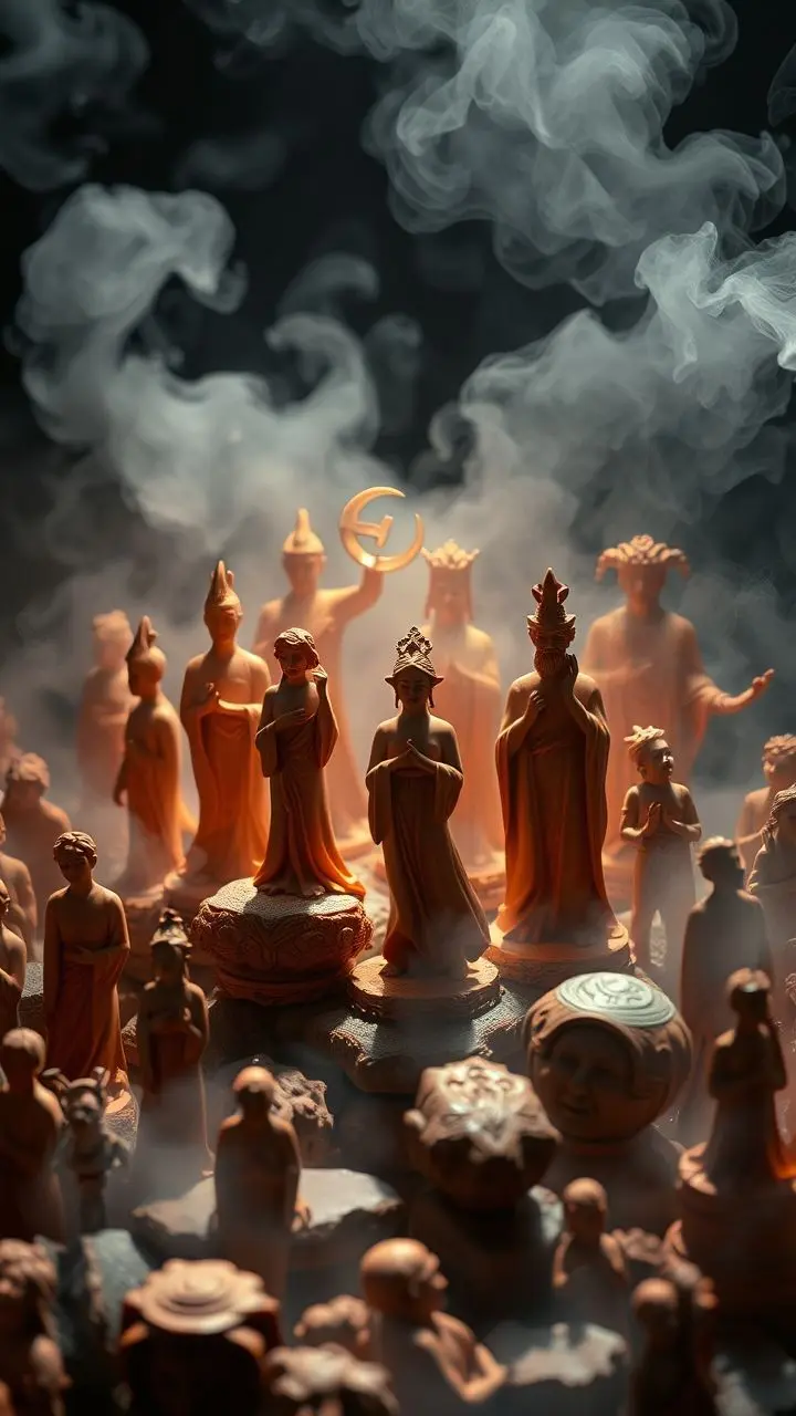 Terracotta figures in Blakean style, symbolizing energy transition amidst mist and rainbow light.