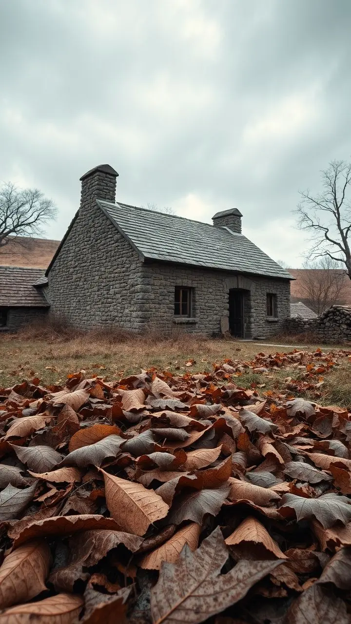 Weathered stone farmhouse on a dark, cold November day with fallen leaves.