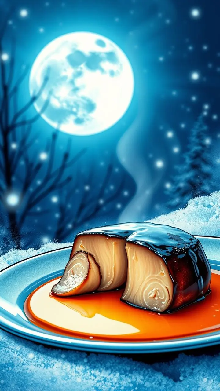 Seared foie gras under a blue moon with comic book style background.