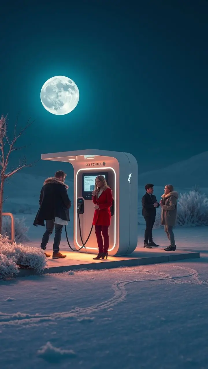 Sleek EV charging station at night with frost and celebrities.