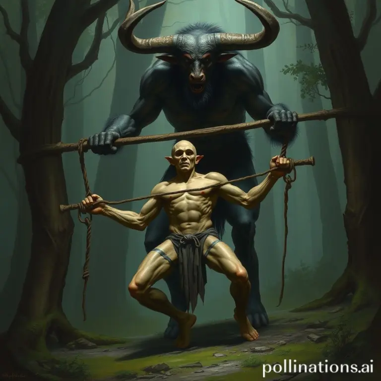 Elf shackled in a dark forest with a minotaur above.