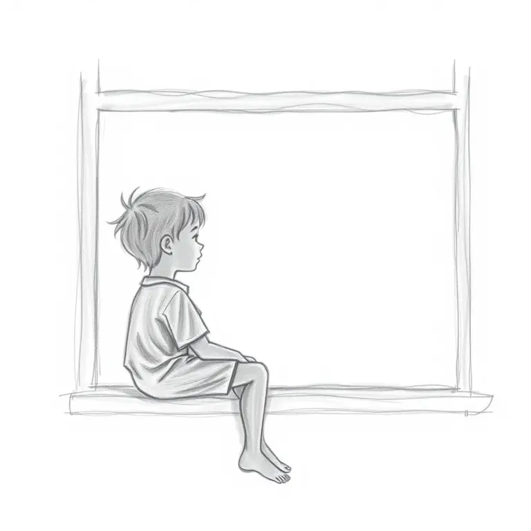 Pencil sketch of a boy's silhouette sitting at a window.