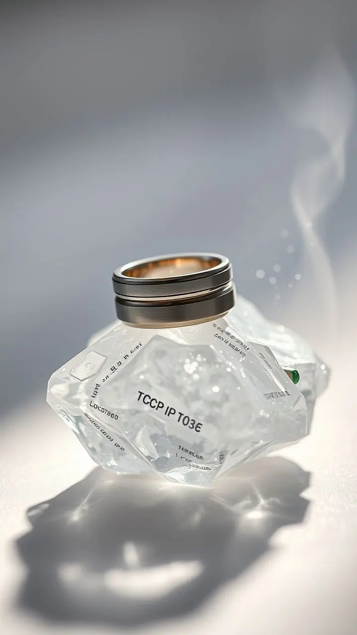 Wedding band on circuit board with ice crystal and light.