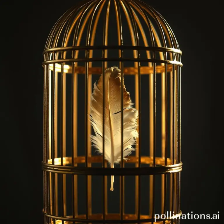 Golden birdcage with a broken feather.