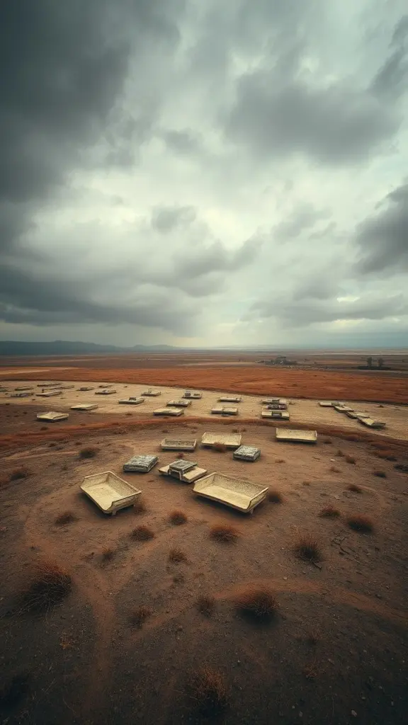 Sprawling plateau with seating, October sky, fierce gale, transparent dust, dreamcore aesthetic.