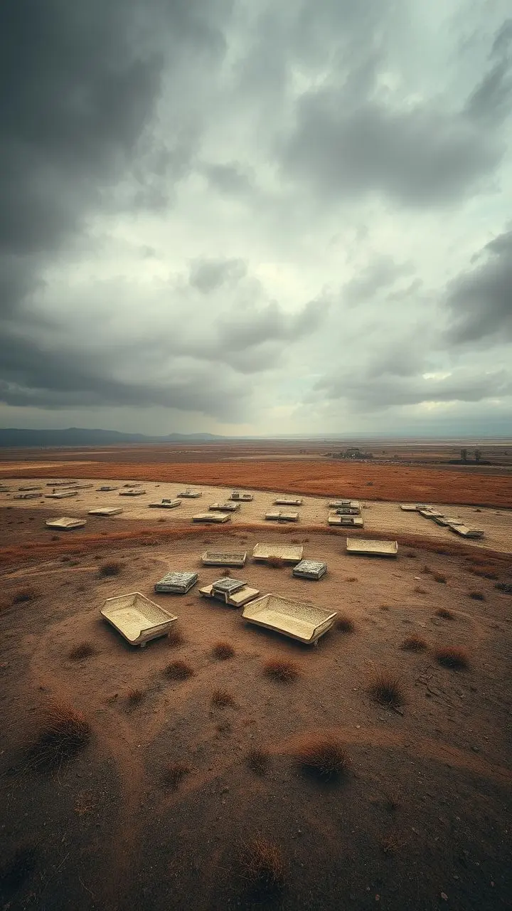 Sprawling plateau with seating, October sky, fierce gale, transparent dust, dreamcore aesthetic.