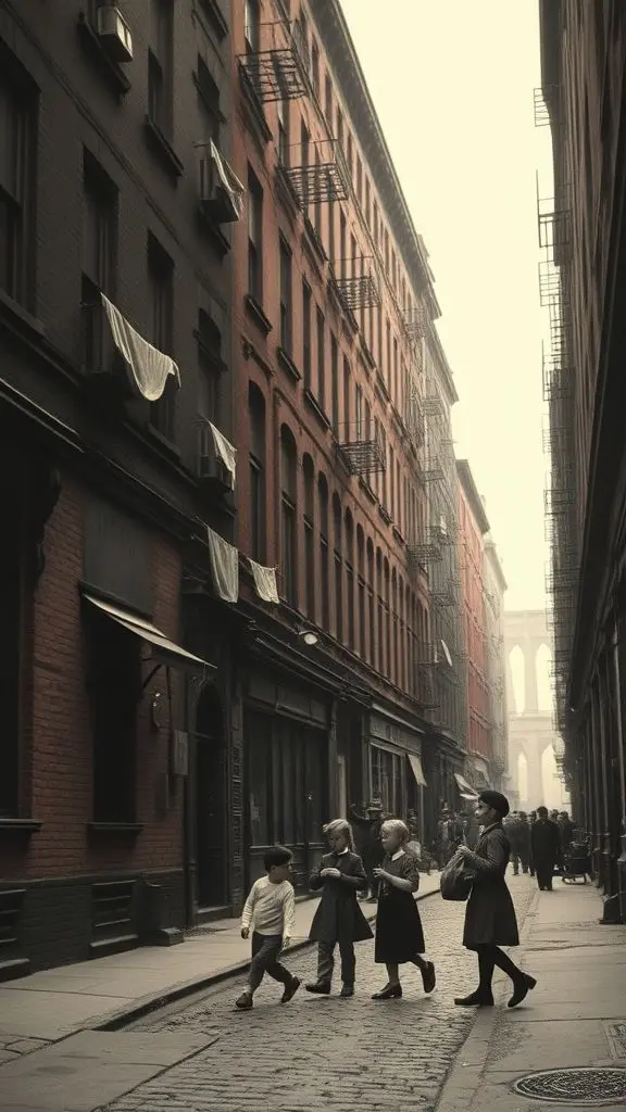 Historical photo of children playing in a poor Brooklyn alleyway in 1910.