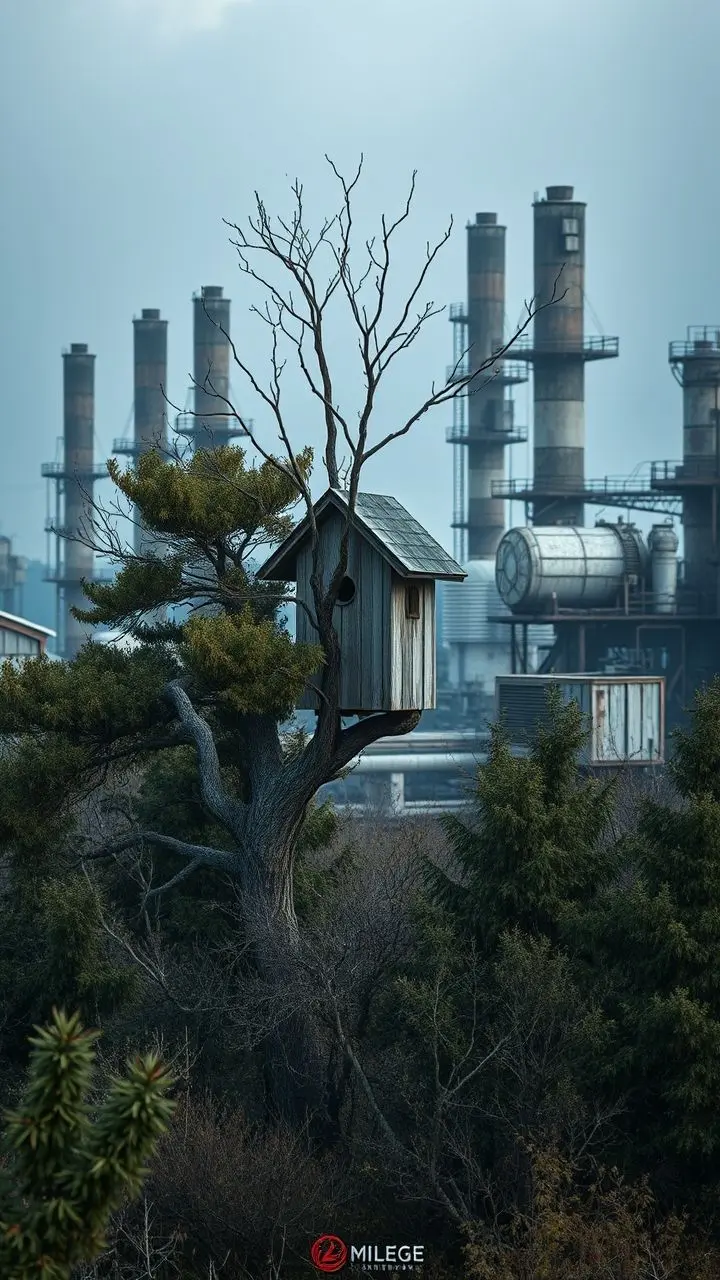 Brutalist birdhouse in trees, industrial complex background, broken symmetry, cold tones.