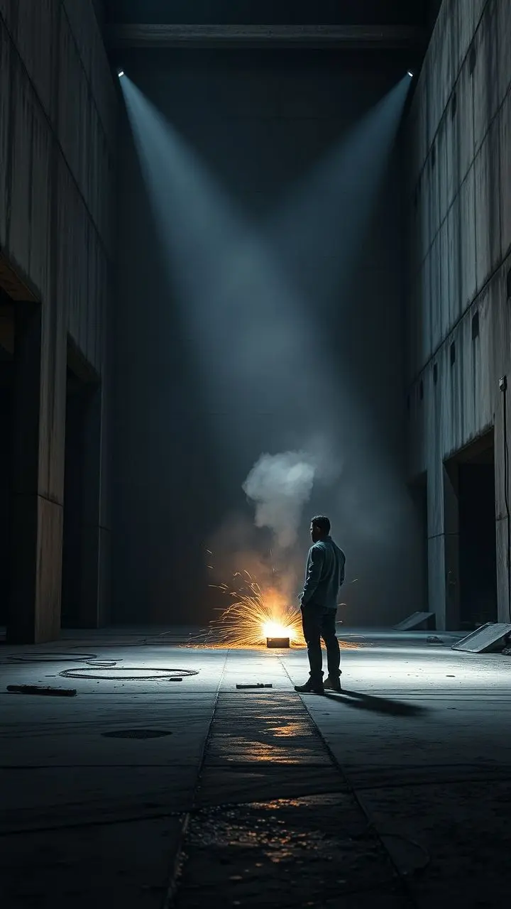 Guest watching a plasma cutter in a misty, brutalist concrete building.