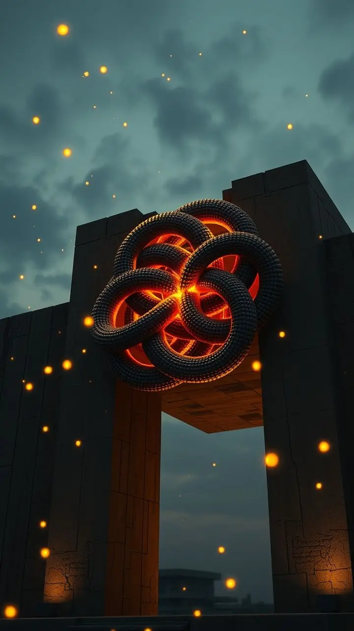A detailed 4K render of a complex Chinese knot integrated into a brutalist building at dusk, with rim lighting and glowing fireflies.