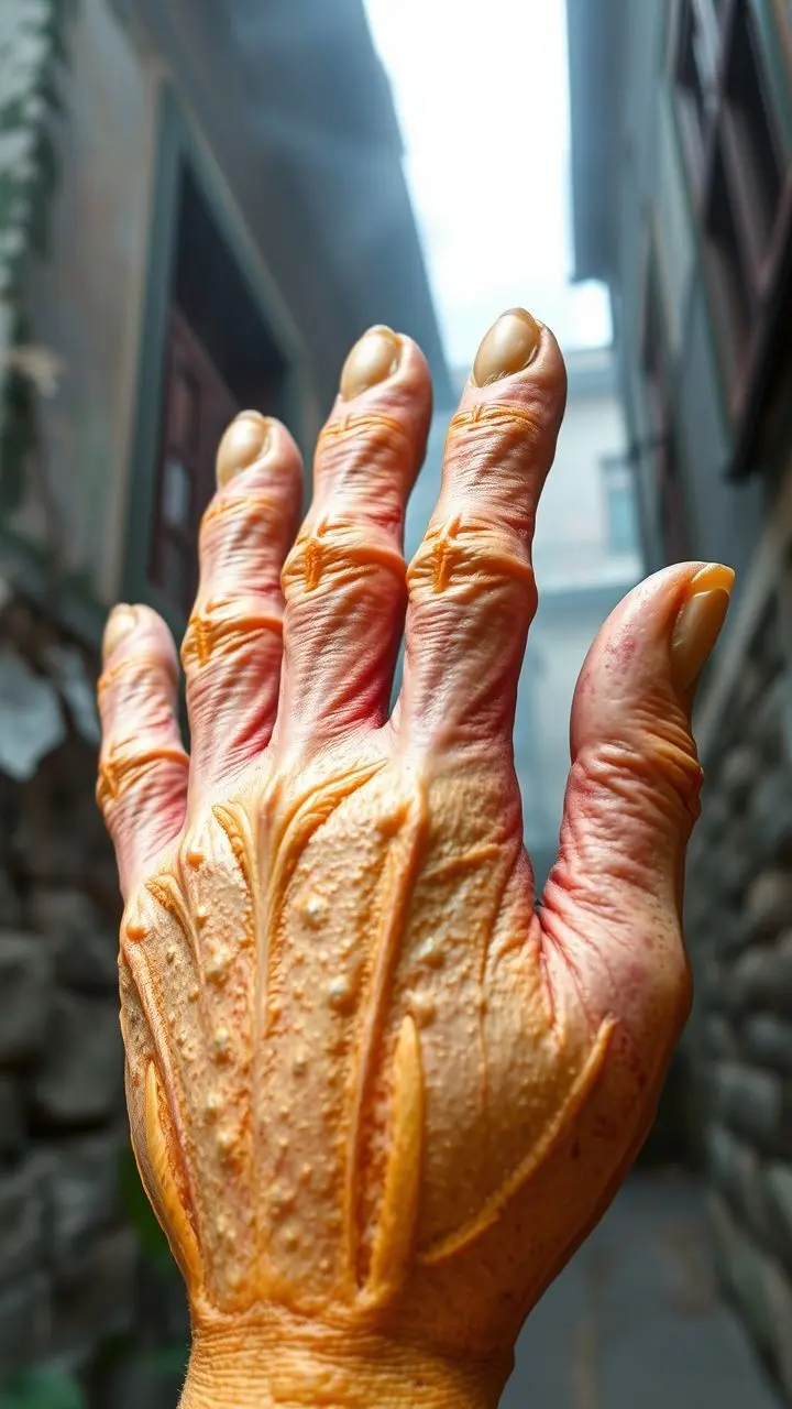 Buddha's Hand citrus fruit with detailed fingers and peel, against old architecture in mist, vaporwave colors.