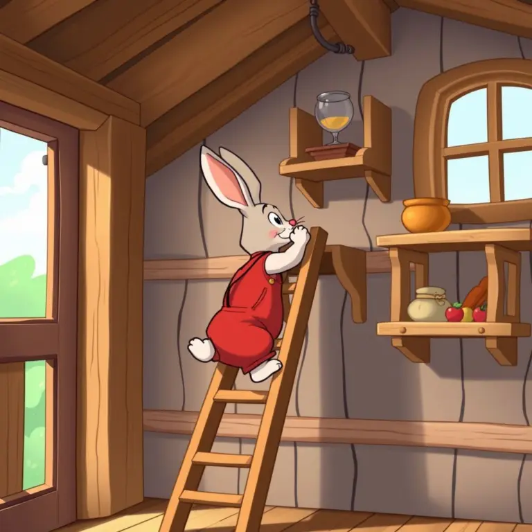 Cartoon rabbit in red overalls climbing a wooden ladder.
