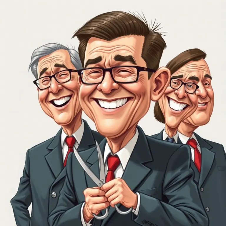Caricature of laughing officials with scissors.
