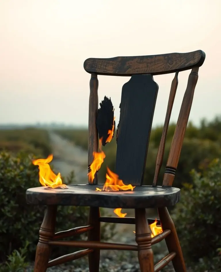 Wooden mid-century kitchen chair on fire.