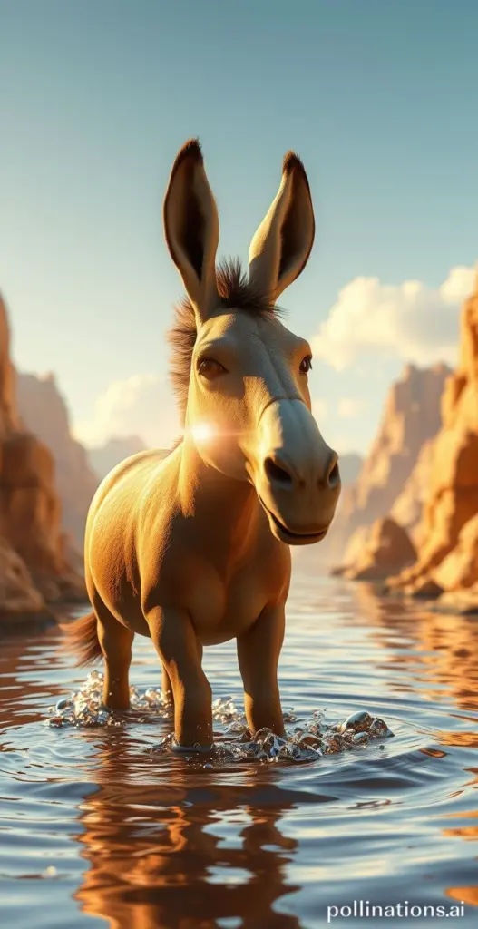A Pixar/DreamWorks style 3D render of a burro in a golden, time-warped rift.