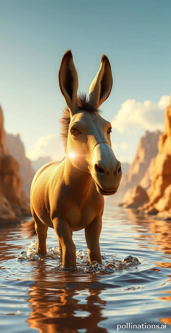 A Pixar/DreamWorks style 3D render of a burro in a golden, time-warped rift.