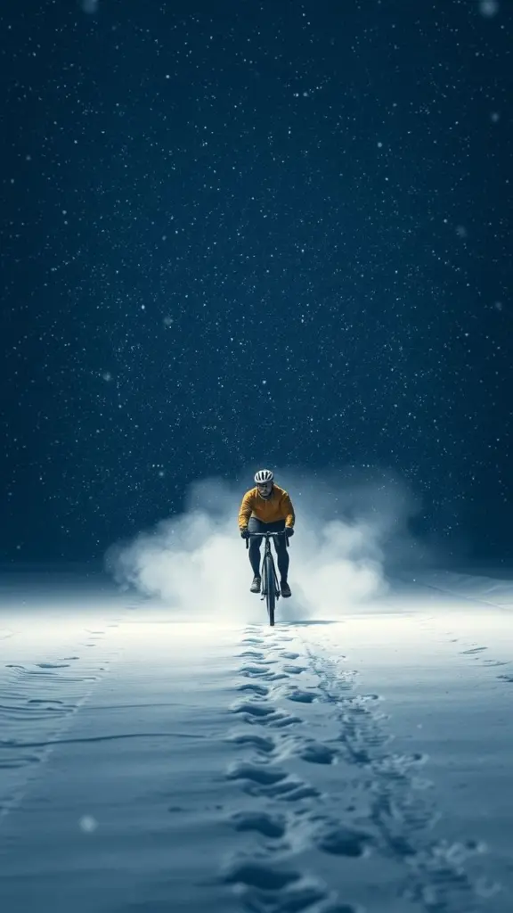 Cyclist in a snowy Cameroon blizzard with radiant mist.