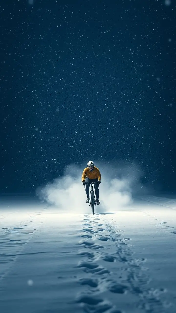 Cyclist in a snowy Cameroon blizzard with radiant mist.