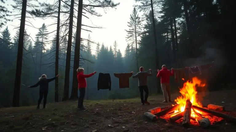 Tourists drying clothes by a campfire in a forest glade.