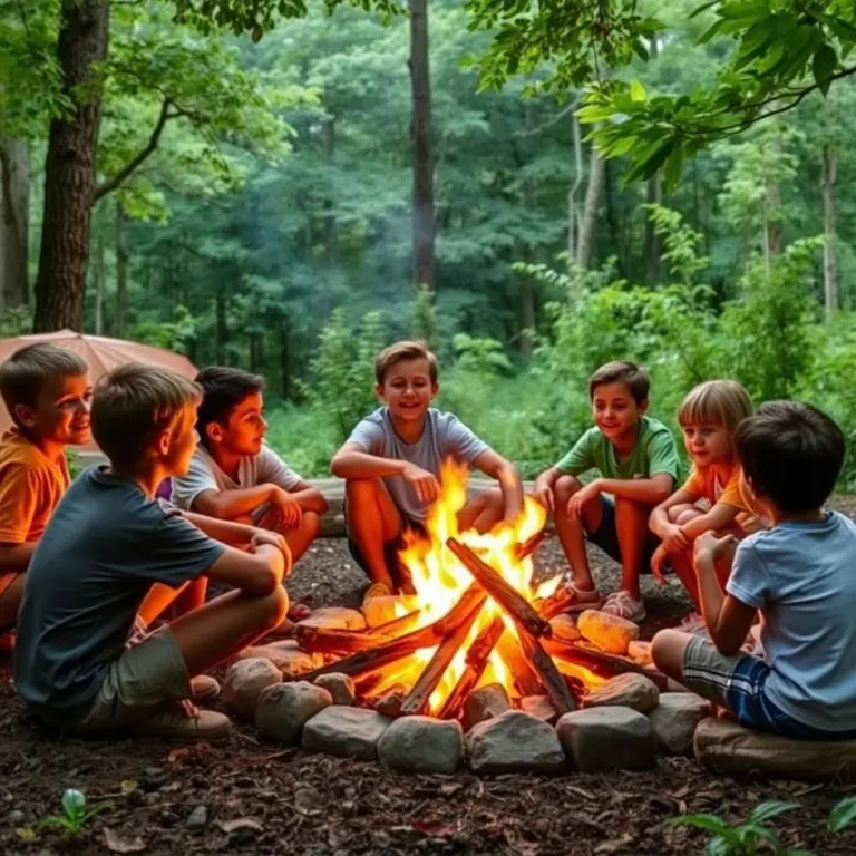 Children by a campfire sharing stories.