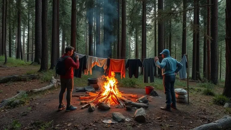 People drying clothes by a campfire in a forest.