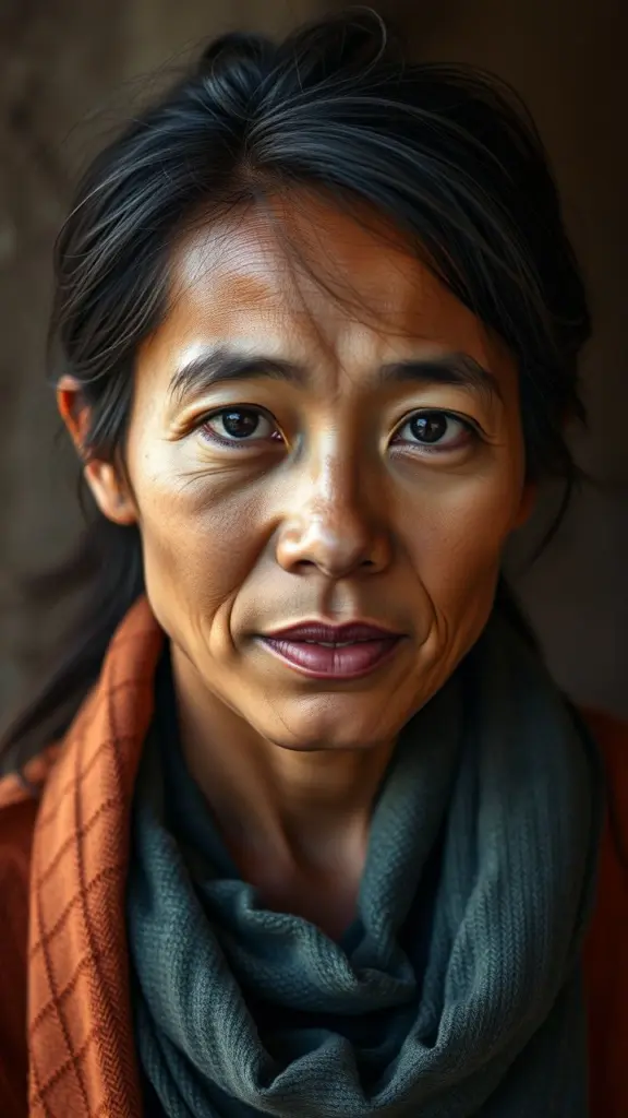 Candid portrait of a person with natural skin texture and warm, earthy hues.