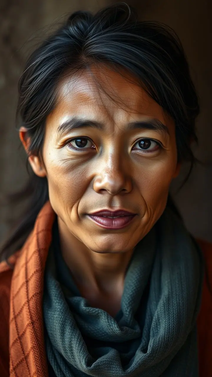 Candid portrait of a person with natural skin texture and warm, earthy hues.