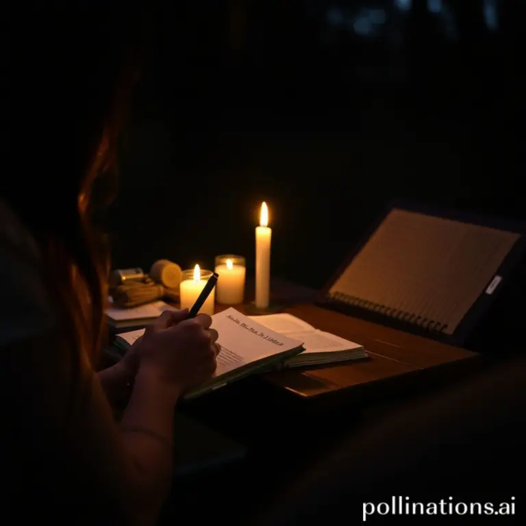 Person writing in a journal by candlelight.