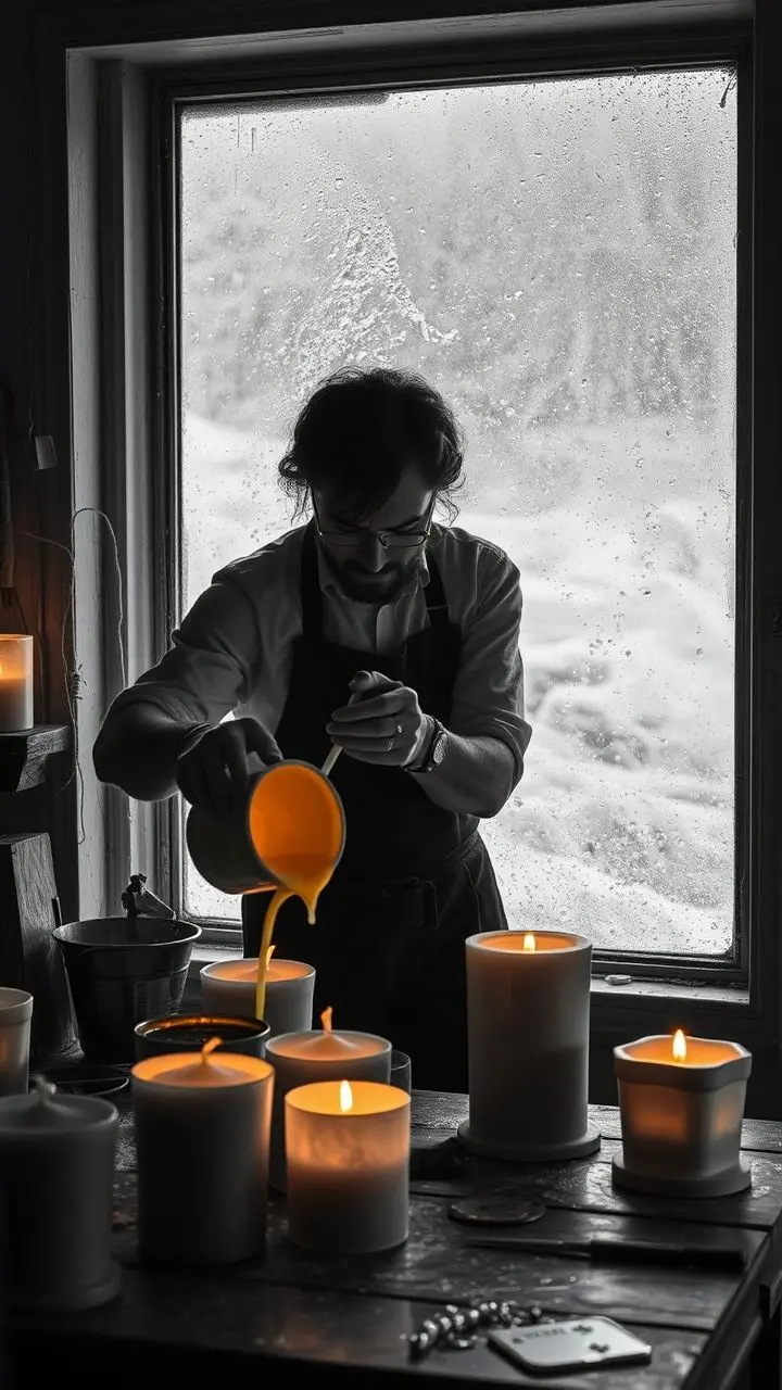 Candlemaker pouring wax in a monochrome studio during a storm.