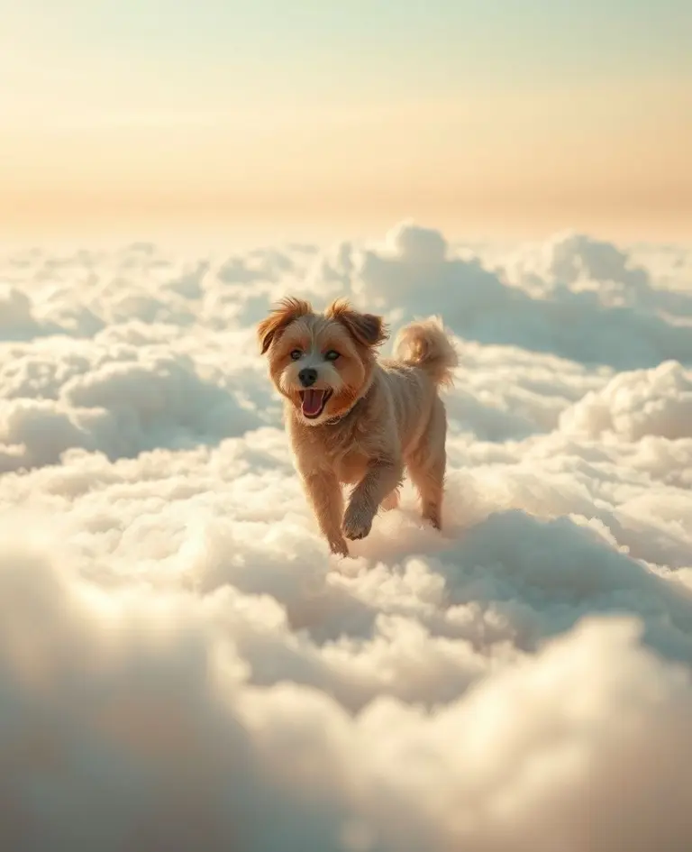 A happy dog playing on fluffy clouds.