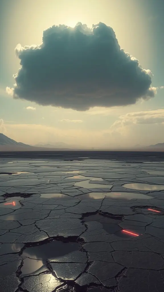 Desolate landscape with a giant cap cloud and neon-lit puddles.