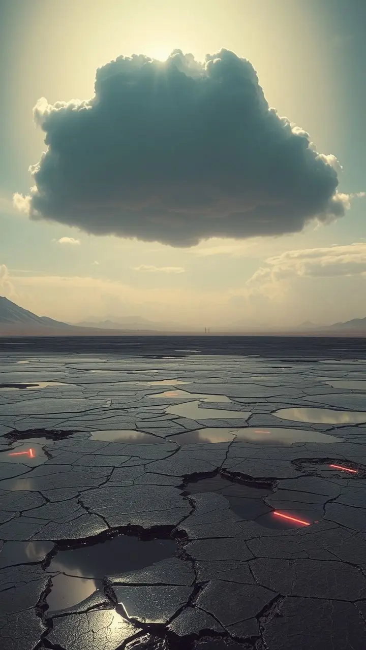 Desolate landscape with a giant cap cloud and neon-lit puddles.