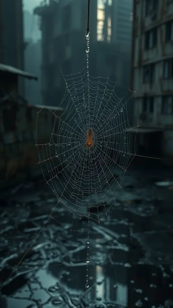 A dew-covered spiderweb with scientific labels, set against a decaying dystopian urban landscape.