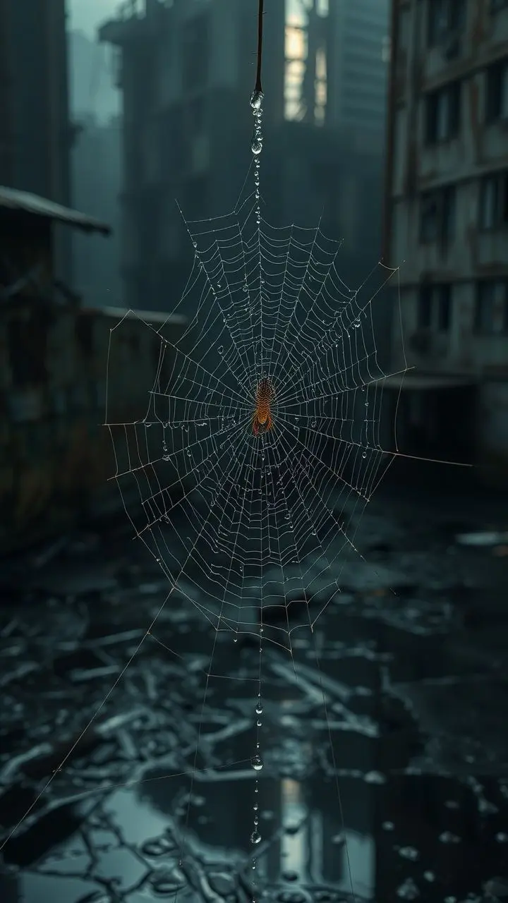 A dew-covered spiderweb with scientific labels, set against a decaying dystopian urban landscape.