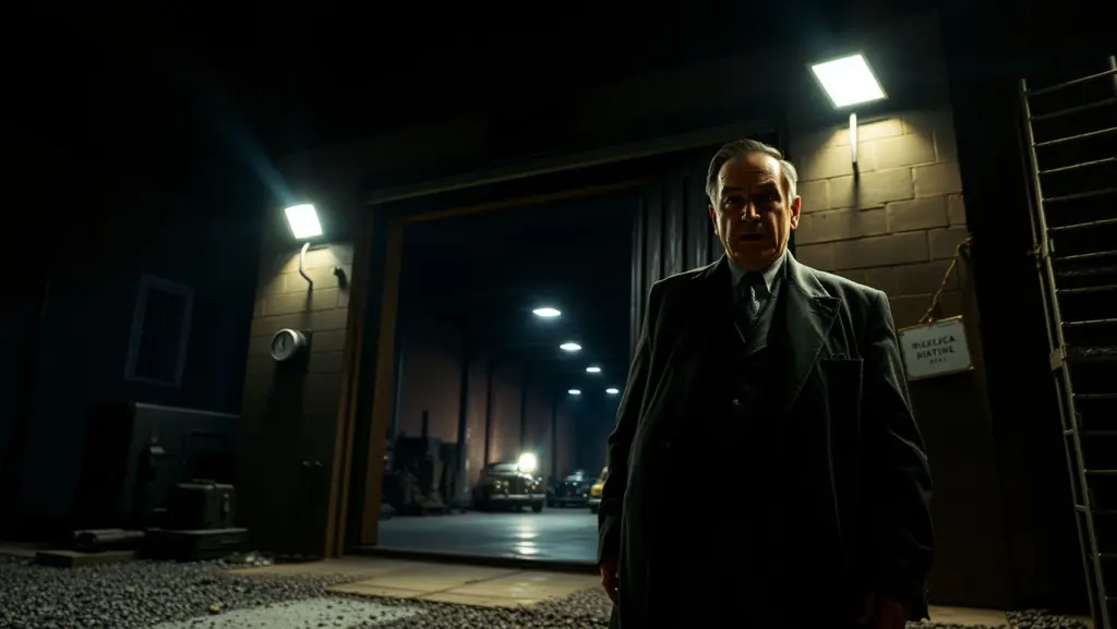 Al Capone standing defiantly at a warehouse door at night.
