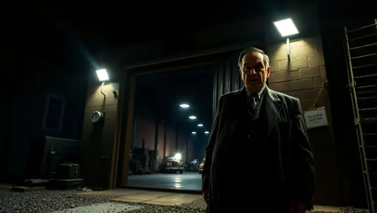Al Capone standing defiantly at a warehouse door at night.