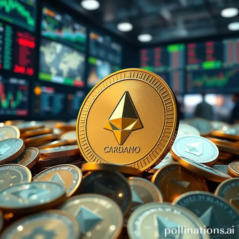 Cardano coin rising above other cryptocurrencies on a trading floor.