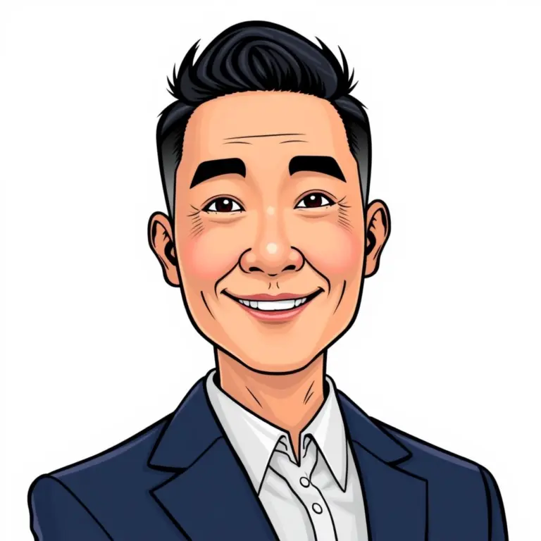 Cartoon avatar of a middle-aged Asian man in a navy blazer.