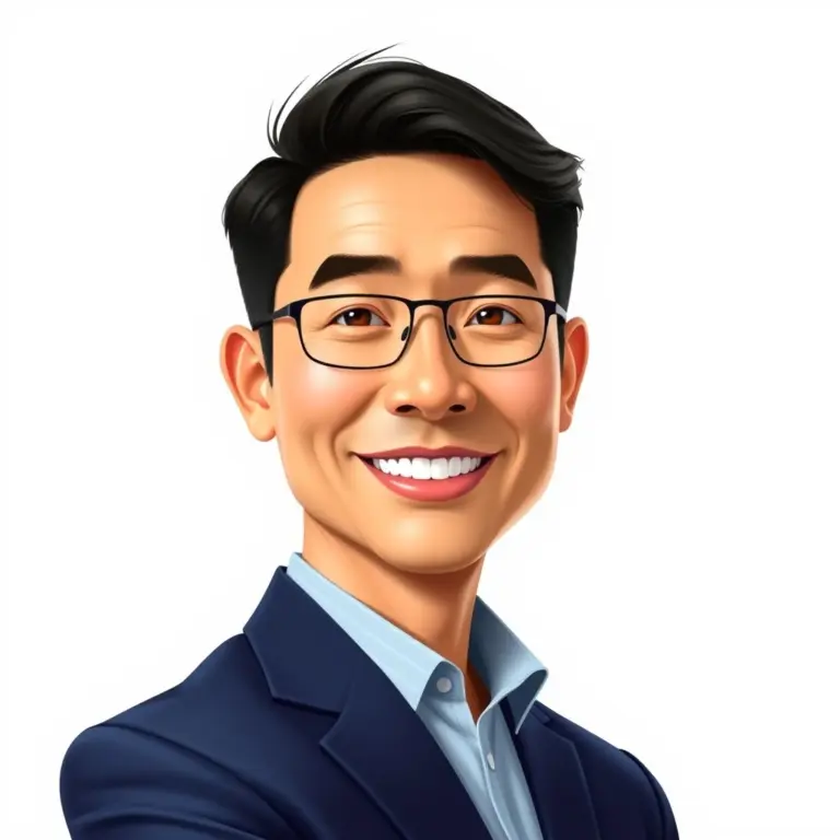 Cartoon avatar of a confident Asian-American man in a navy blazer.
