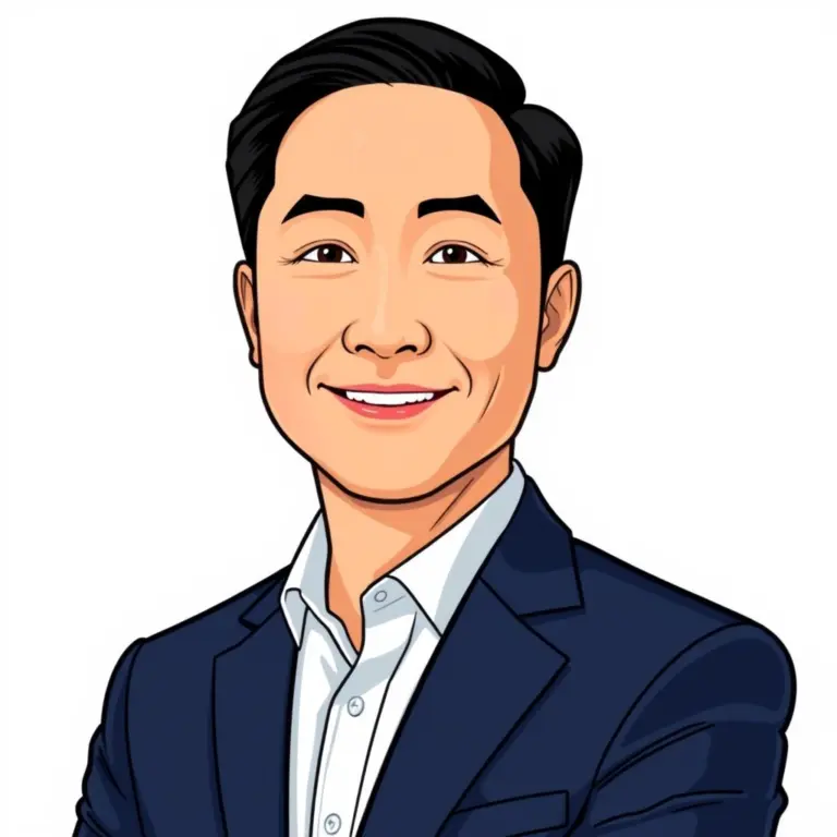 Cartoonish avatar of an Asian-American man in a navy blazer.