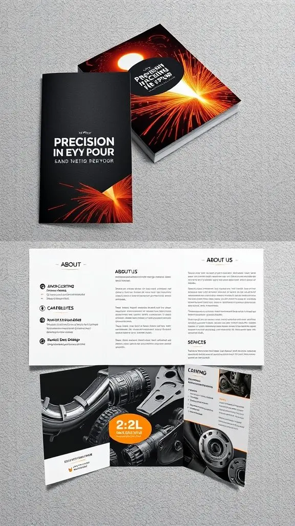 Visiting card design ideas for casting manufacturing, showing folded formats with industrial imagery.
